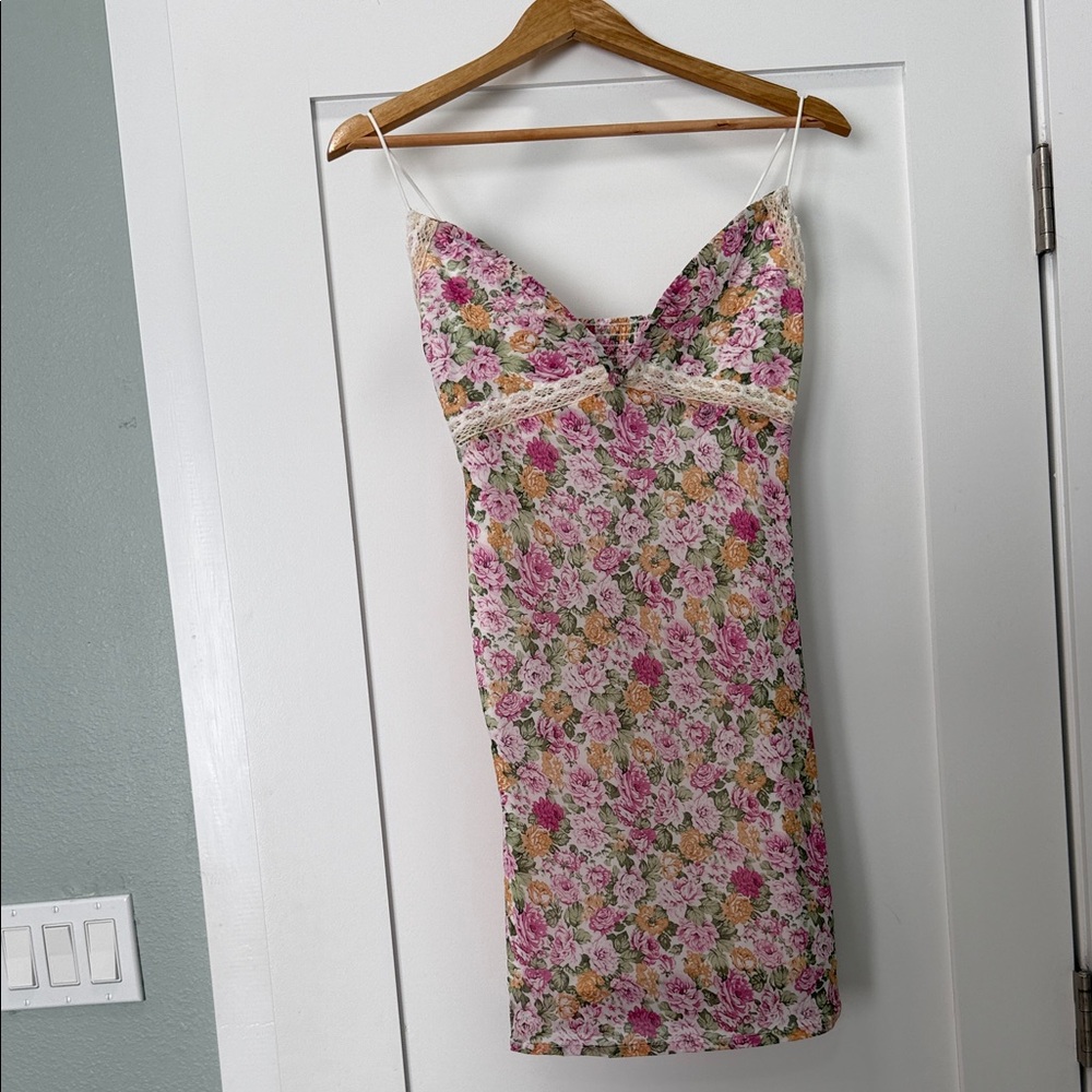 Floral Lace-Trim Slip Dress - Pink & Green